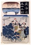Dressed in elaborate cotton kimonos, two girls appear  over-dressed for the task at hand. Beneath their tie-dyed head coverings, they each sport hairstyles of the highest urban fashion.<br/><br/>

These are elegant urban women costumed to play the roles of tea plantation workers in the famed Fuchu region. Hiroshige is presenting his urban patrons with a fantasy that appeals both to their sense of fashion and to their love of fine tea.